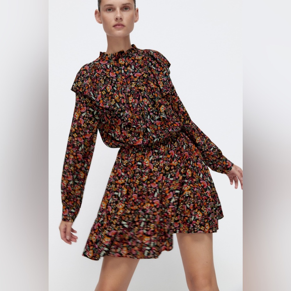 ♥️ NWOT ZARA BOHO FLORAL RUFFLE LONG SLEEVE MINI DRESS